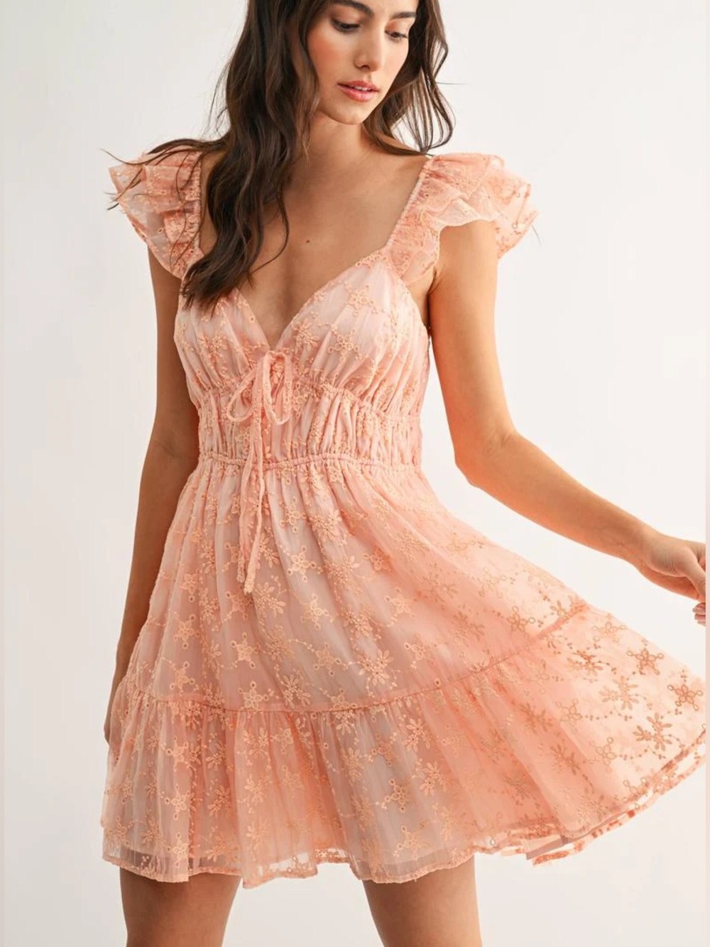 *NWT* CAMELLIA Chiffon Flutter Embroidered Sleeve Mini Dress in Coral